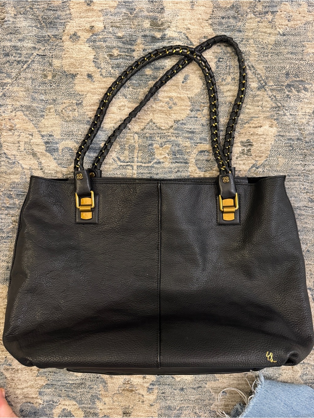 NWOT Elliot Lucca Pebbled Black Leather Tote Bag with Braided Handles